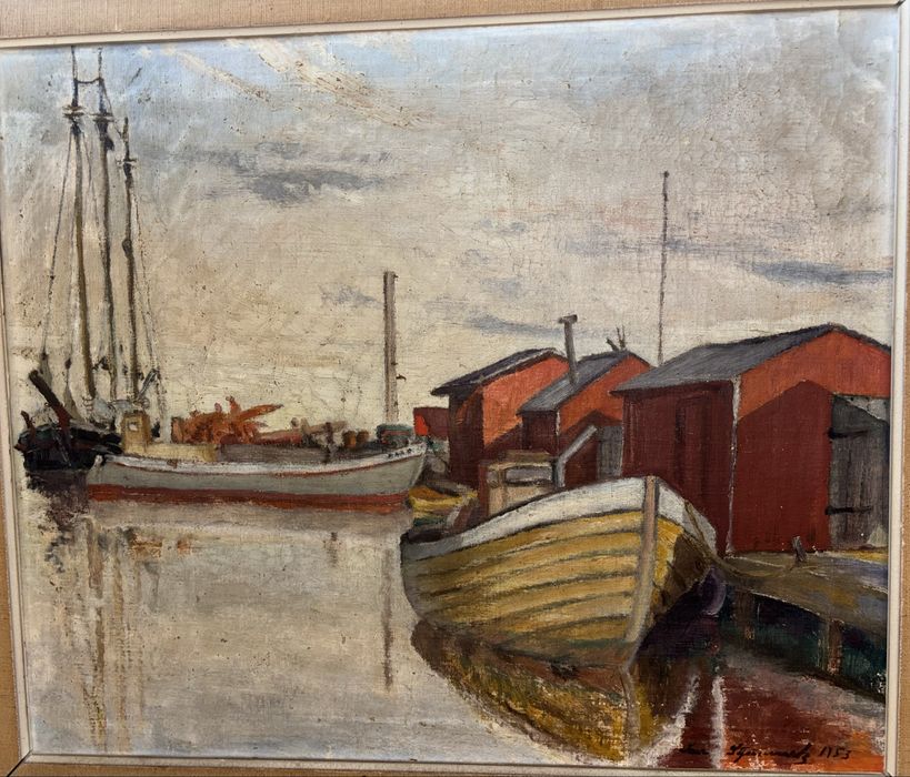 Орегинална живопис-неизвестен шведски художник. Морски пейзаж с лодки