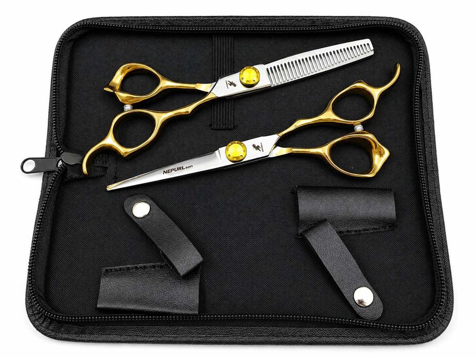 Set 2 Foarfece Profesionale NEPURLson JS 6 inch (17.5cm), Tuns si Filat, 6CR, 62 HRC, Manere Aurii, Husa Neagra