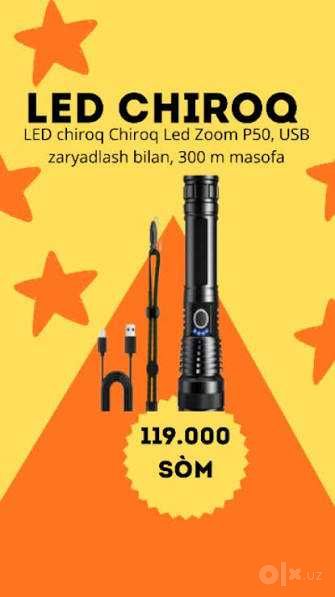 LED chiroq Chiroq Led Zoom P50, USB zaryadlash bilan, 300 m masofa