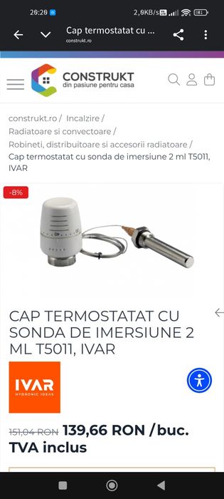 Cap termostatat cu sonda de imersie
ML T5011, IVAR