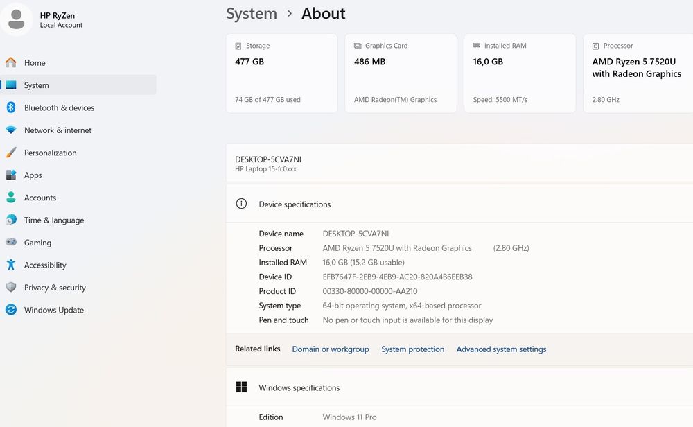 Laptop HP Ryzen 5 7520u 2,8Ghz/4,3Ghz, 16GB DDR5, 512GB, Radeon, Win11