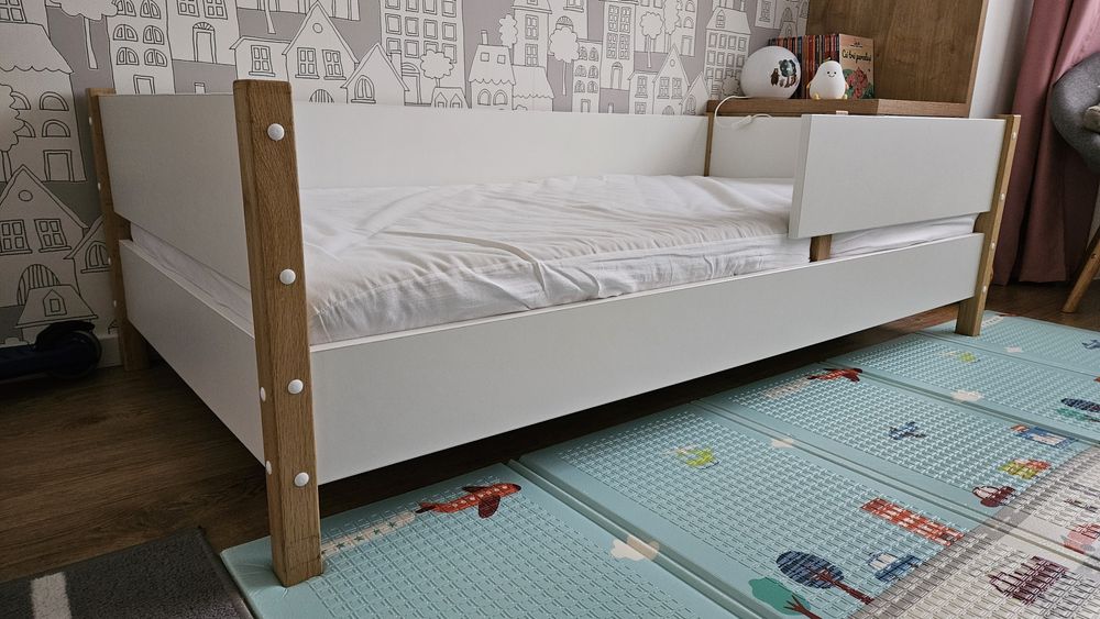 Pat copii stejar și PAL 80x160 cm saltea premium cu strat cocos inclus