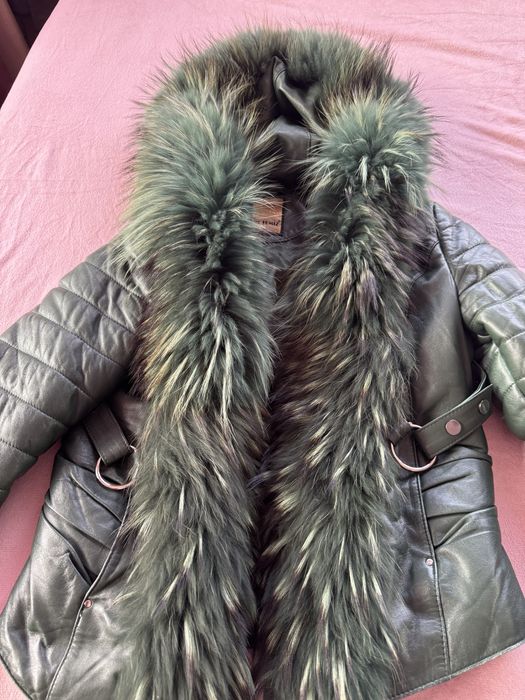 Яке, лисица и телешка кожа, висококачествено, зелен цвят