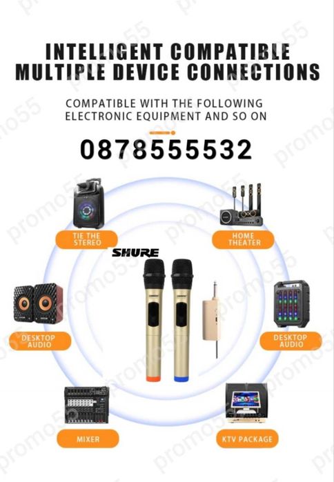 Професионални микрофони–2бр. безжични,Метална решетка, 6.35 мм,USB