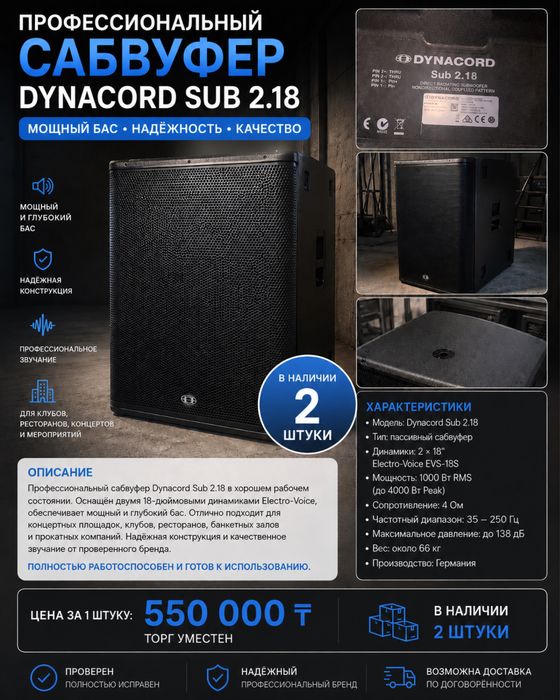 Профессиональный сабвуфер Dynacord Sub 2.18 (2×18”, 1000W RMS)