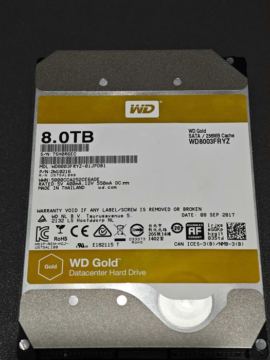 HDD WD Gold 8TB WD8003FRYZ – SATA III – 7200RPM – NOU – 0 ORE – 100% Health