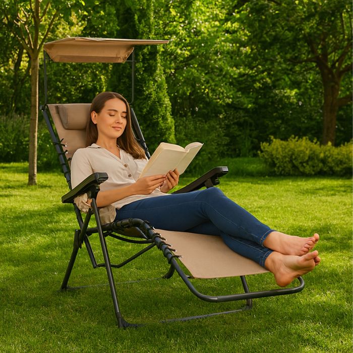 Сгъваем градински шезлонг с нулева гравитация и сенник – комфорт за пъ
