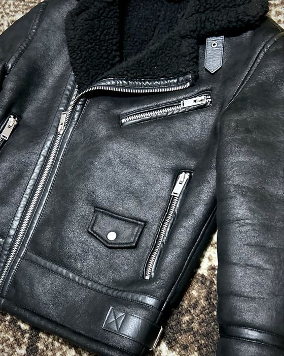 ZARA Мъжко кожено яке / кожух - ЧЕРЕН ЦВЯТ