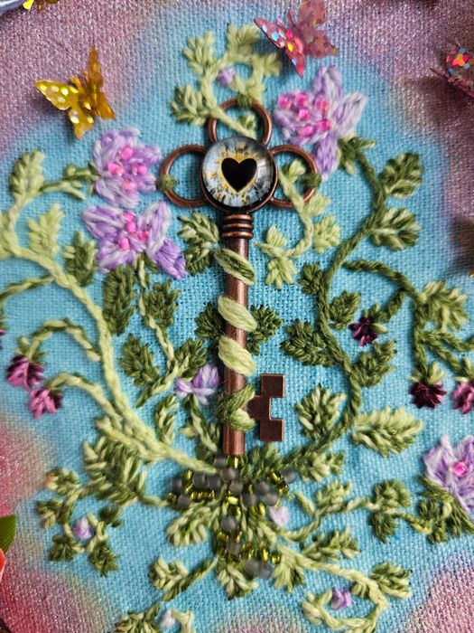 Broderie mixed media art Key to Love Garden