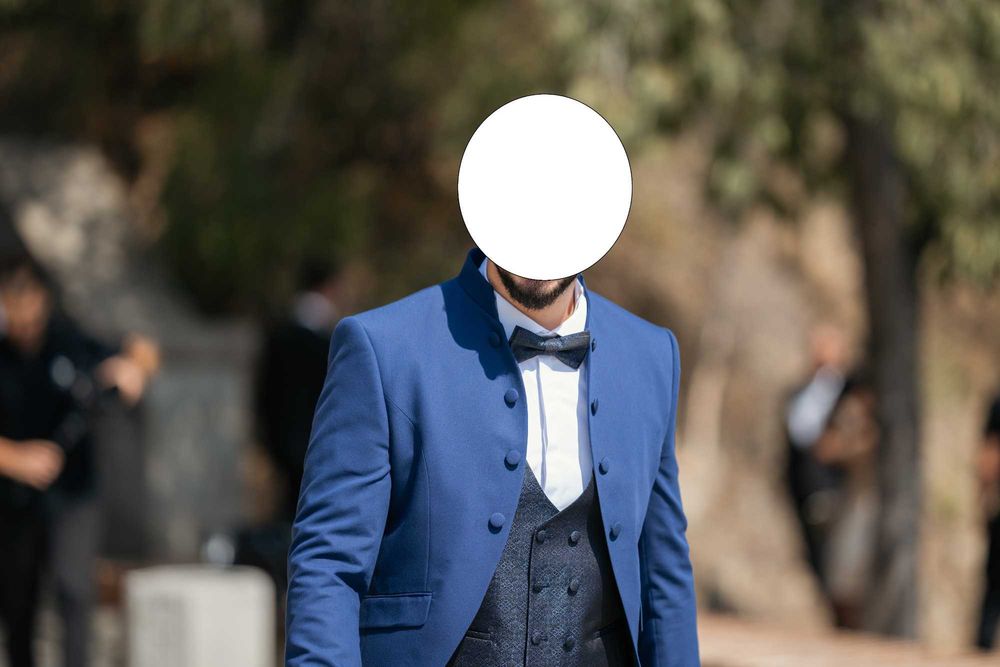 Син сватбен костюм + аксесоари