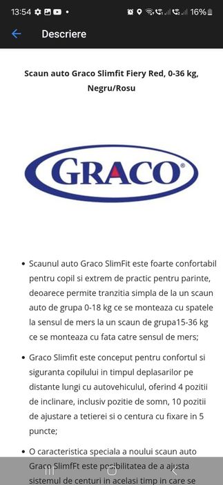 Scaun auto Graco slimfit  0-18 kg  și 18-36 kg
