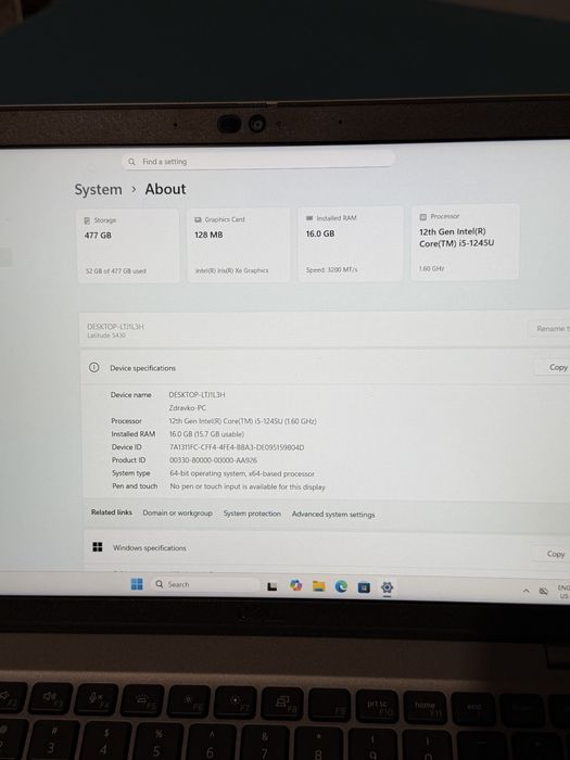 Dell Lattitude 5430, RAM 16GB, 12th Gen i5-1245U, SSD 477GB