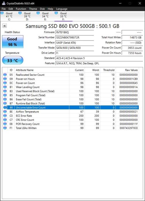 ССД/SSD Samsung 860 EVO 500GB SATA III – Отлично състояние (98% здраве)
