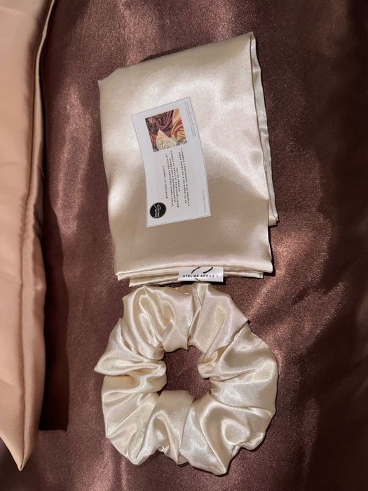 Копринен сатен кълъфка за възглавница и скрънч за коса