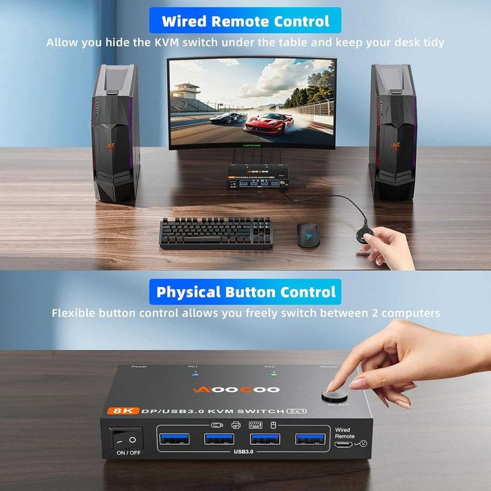 2 PC KVM Switch DisplayPort 8K,60Hz/4K,240Hz cu 4 Porturi USB 3.0