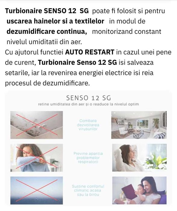 Dezumidificator aer Dezumidificator aer Turbionaire SENSO 12 SG, 12 l/zi, 185W, 36dB, 120 m/h, Timer, alb