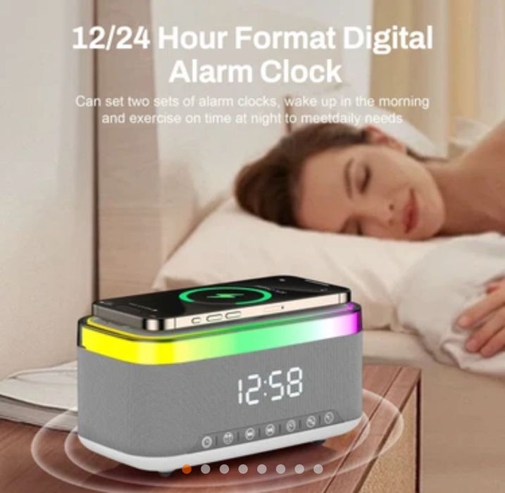 Безжична Bluetooth колонка с функция за зареждане на телефон отгоре, RGB дизайн, аларма и часовник.