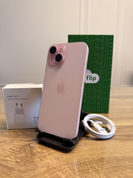 IPhone 15 5G de 128GB ca NOU cu Garanție 2Ani Flip 100% Sănătate Baterie Folie Husă și Încărcător nou