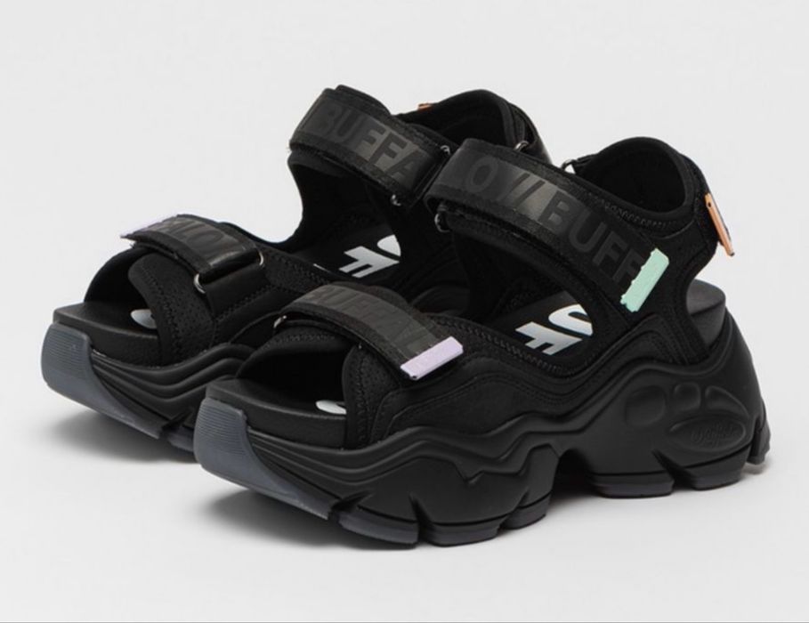 Buffalo - Sandale wedge cu velcro Binary, ALB/NEGRU   38
