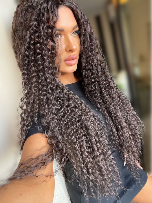 Peruca bruneta   afro lunga front lace volum bogat premium