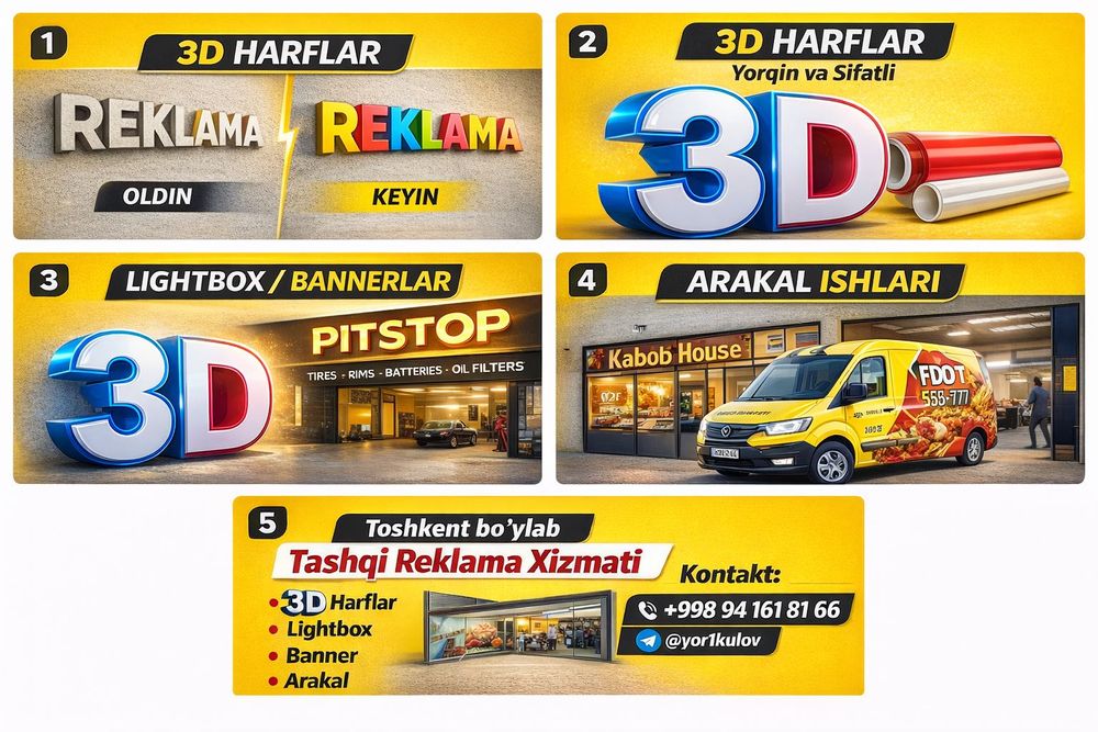 “Arzon narxda TASHQI REKLAMA 3D harflar | Banner | Arakal | Lightbox