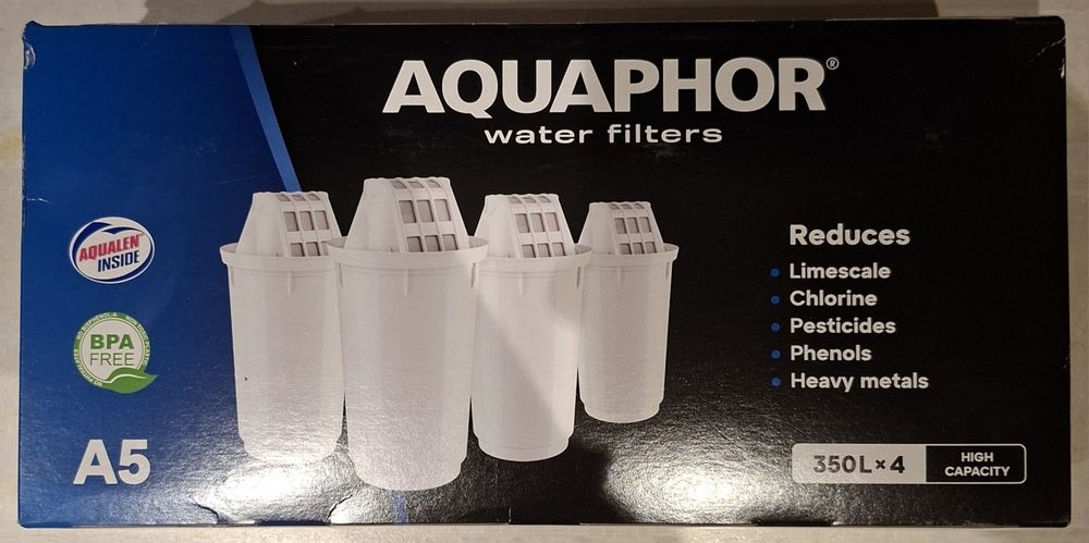 Комплектът сменяеми филтри за вода Aquaphor A5 (4 броя в опаковка) е с общ капацитет до 350 литра на патрон за ефективно пречистване на чешмяна вода