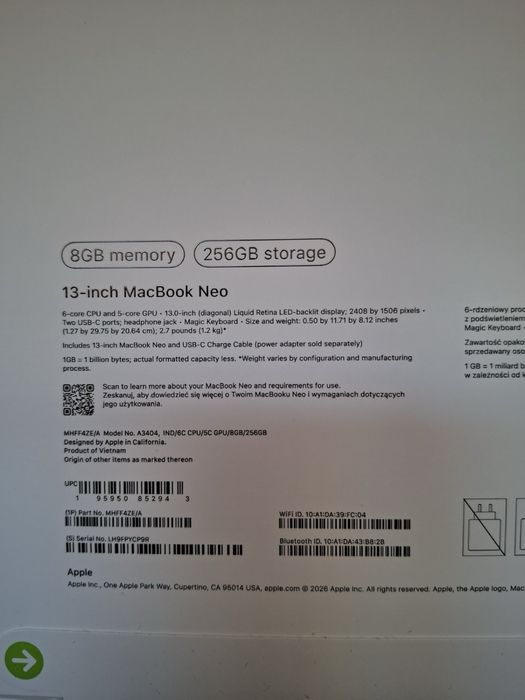 APPLE MacBook NEO 13" А18 PRO 8 256GB
