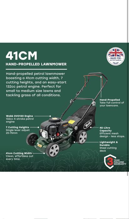 Mașină de tuns iarba pe benzină Webb WER410HP (41 cm / 16"), cu împingere manuală și cuțit rotativ