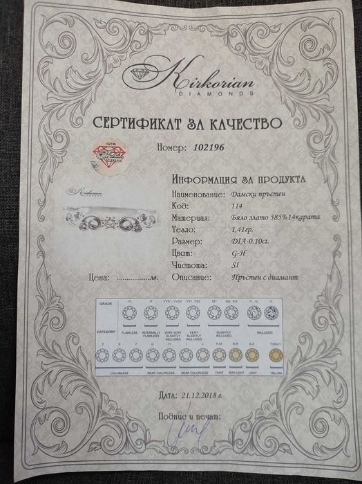 Пръстен бяло злато с диамант