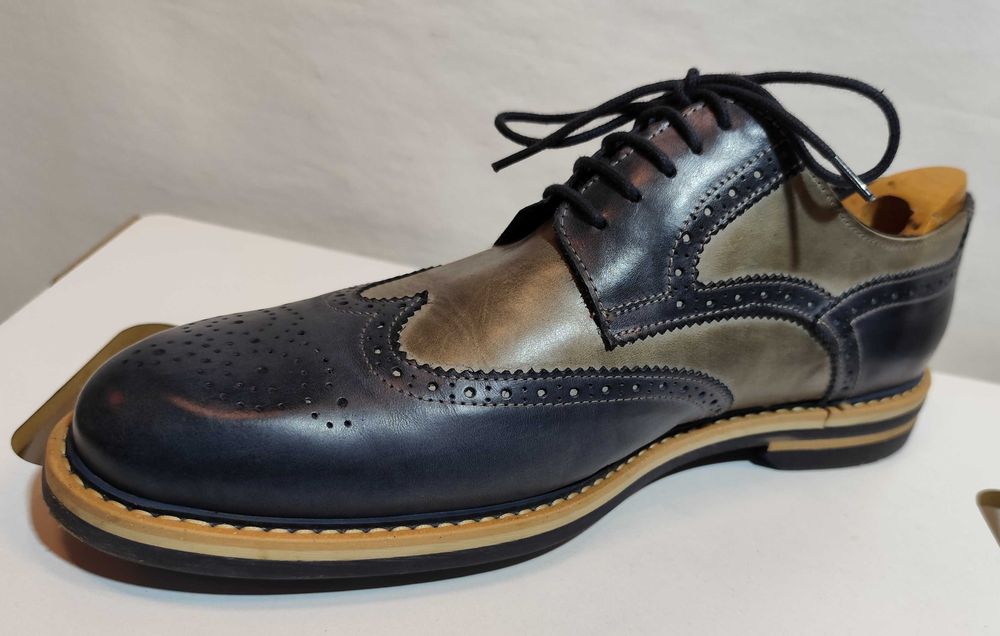 Pantofi derby 46 brogue Nicola Benson piele naturala moale navy gri