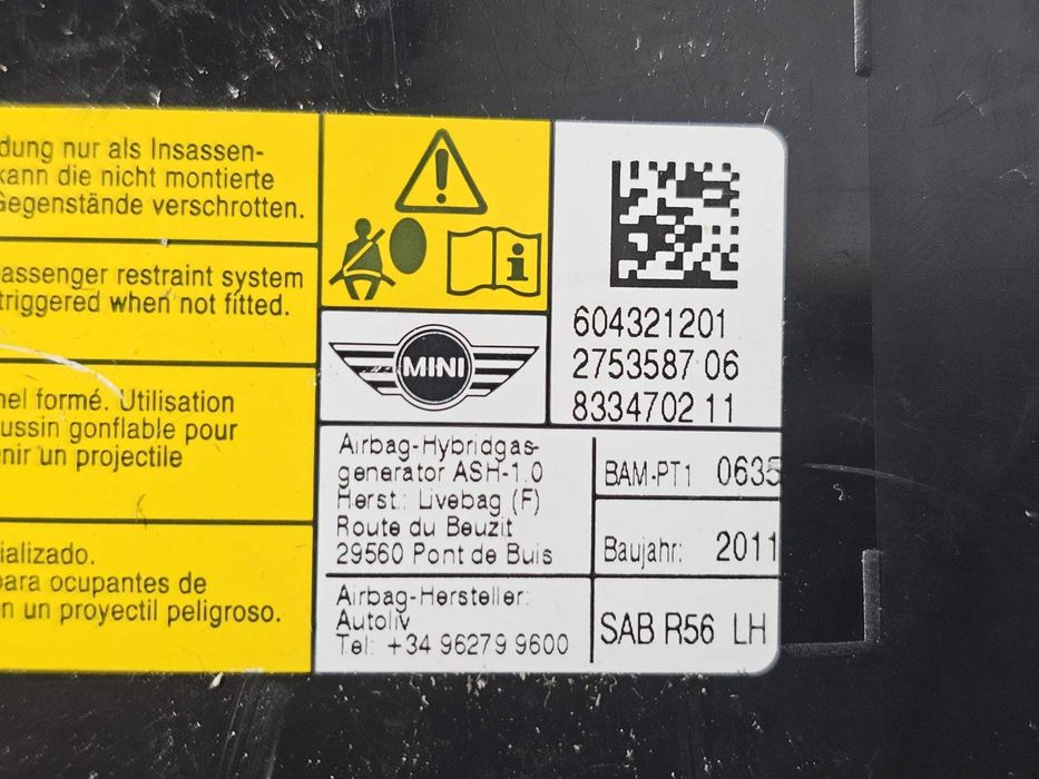 Airbag scaun față stânga Mini Cooper / One R56 R55 R57 2006-2014 2011 2.0 SD 135kW Cod OEM: 604321401, 275358706 (5G3)