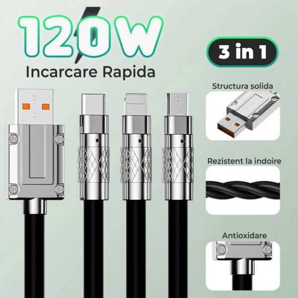 Cablu Date si Incarcare Rapida 3 in 1,120W, microUSB, USB-C, Lightning