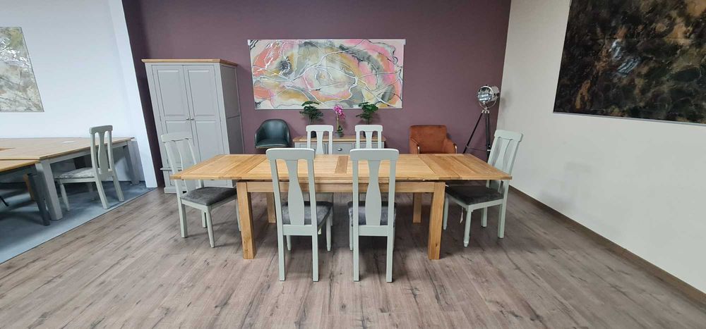 ПРОМОЦИЯ! Нова дървена разтегателна трапезна маса от дъб с шест стола