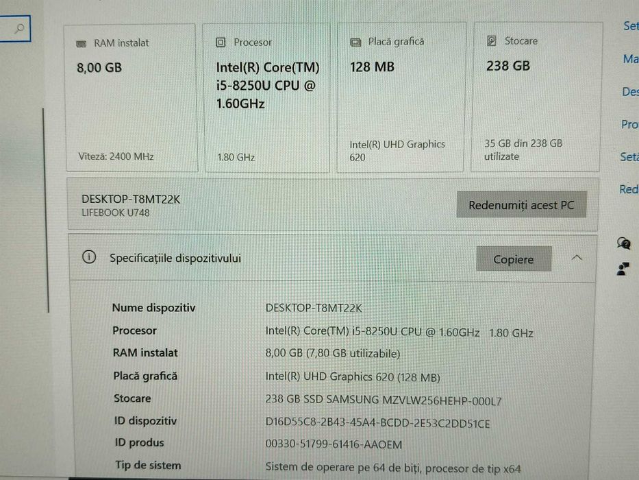 Laptop Fujitsu LIFEBOOK U748 Intel Core i5-8250U, 8 GB DDR4, 256GB SSD