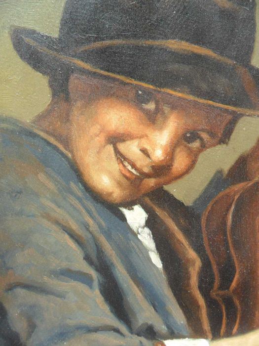 ”Simpaticul băiat muzician” 70x50cm+rama. Ulei/carton, semnat.