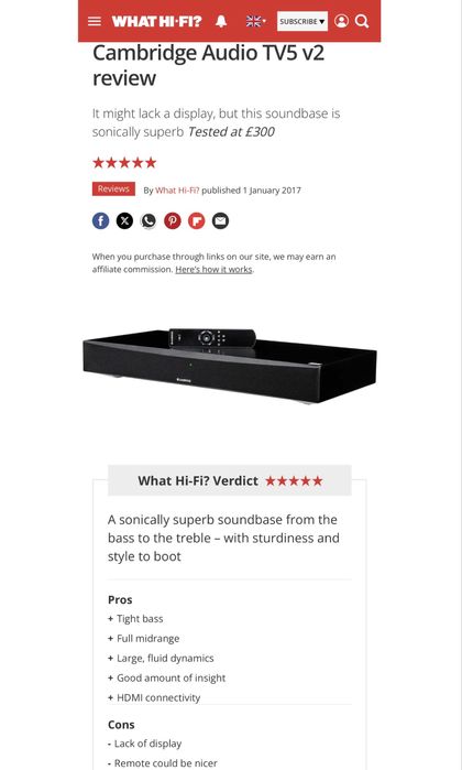 Cambridge Audio TV5 V2 SoundBar / SoundBase150W Bluetooth HDMI-ARC Optical