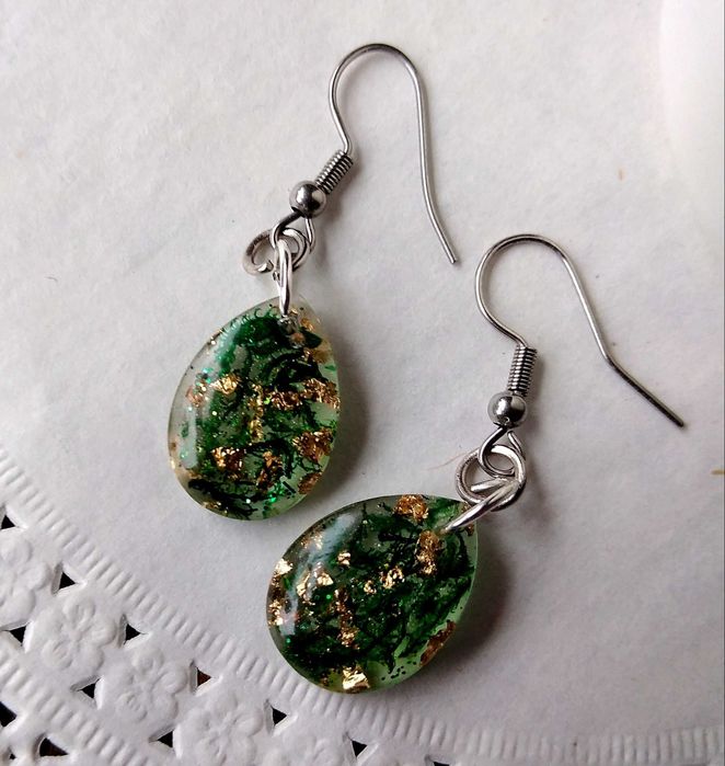 Пръстен от смола с мъх и златен лист Ръчна изработка Обеци смола Обици