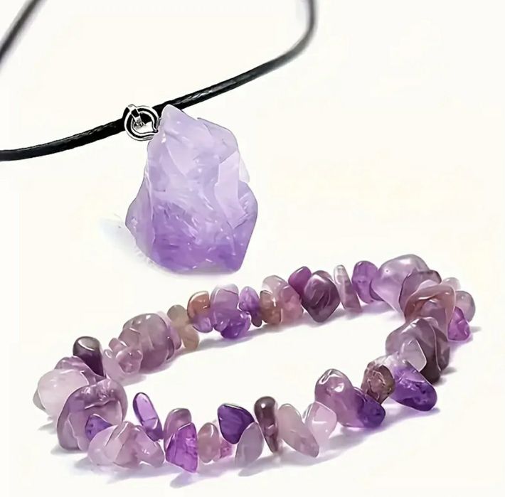 Комплект бижута естествен камък аметист - Колие с висулка и гривна