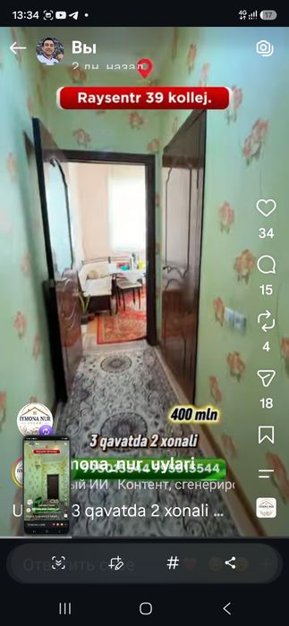 Raysentr 39 kollej yondo Yangi domda 2 xonali uy barcha jixozlari bila