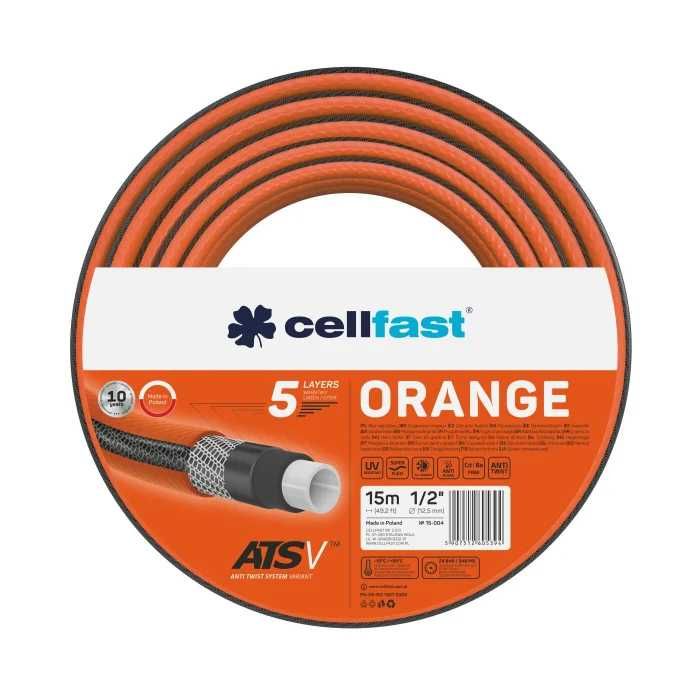 Furtun Grădină 1/2" 15m Cellfast ORANGE Premium 5 Straturi, Anti-Răsucire