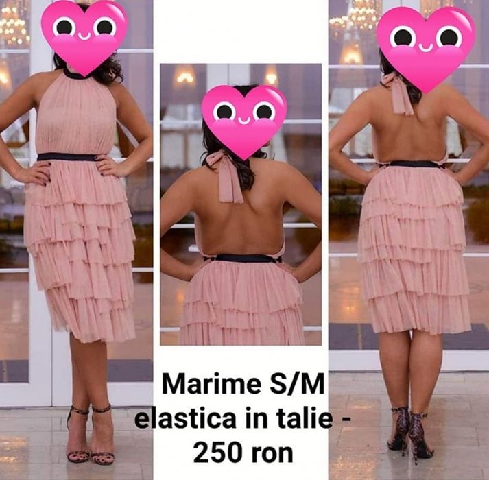 Rochie midi roz pudra cu volane model Asos, S/M, talie elastică