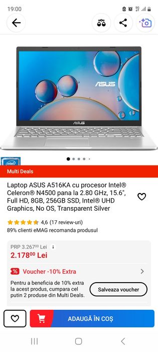ASUS A516KA — 15.6" FHD, 8GB, 256GB SSD — ca nou, garantie pana in Nov