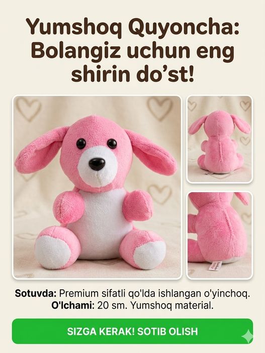 Yumshoq va yoqimtoy quyoncha — Farzandingiz uchun eng shirin do‘st!