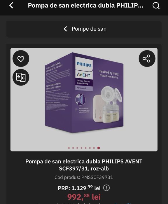 Pachet - pompă de sân electrică dublă Philips Avent + accesorii