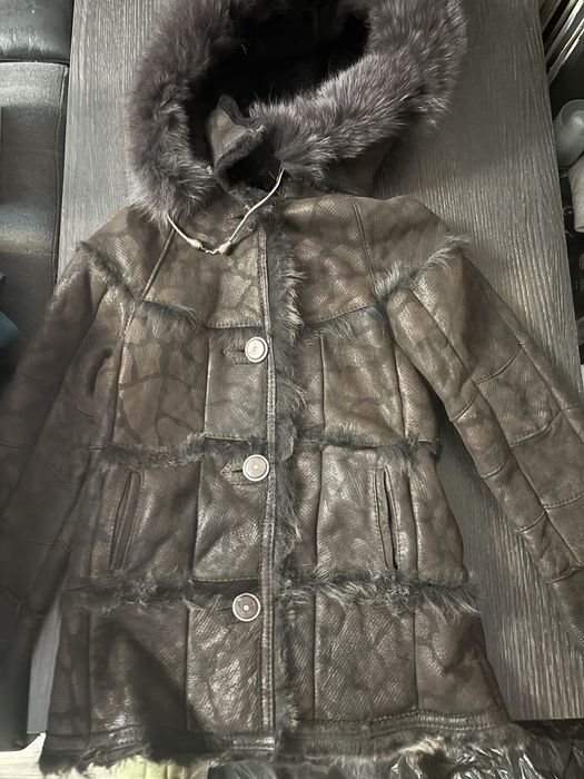 Кафяво детско кожено палто с качулка