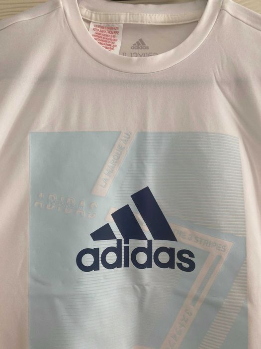 детска блуза Adidas - бяла, със син надпис, за момиче 152 см