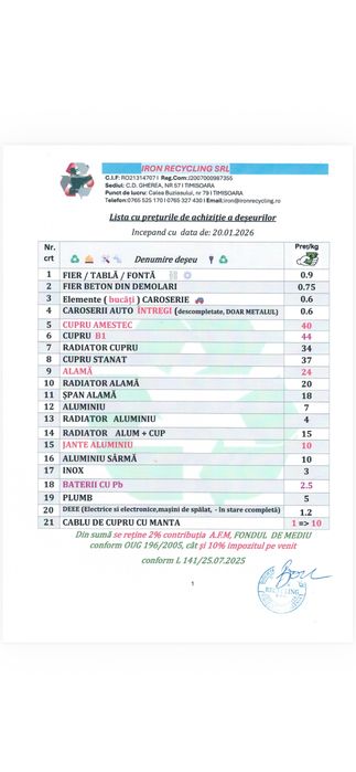 Fier Vechi Transport Timișoara Remat-Rabla Preț: 0.9 ron/kg