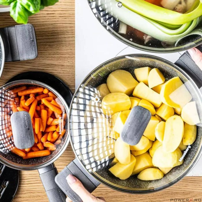 Set oale si tigai, 12 bucati, acoperit antiaderent, gri cu manere din