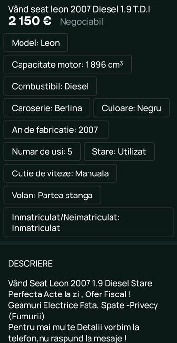Vand mașina seeat leon