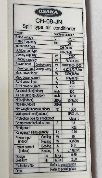 Климатик OSAKA CH-09-JN на части: дистанционно перка кондензатор филтр